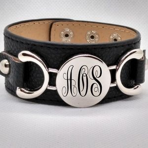 Custom Leather Cuff Bracelet with Monogram charm